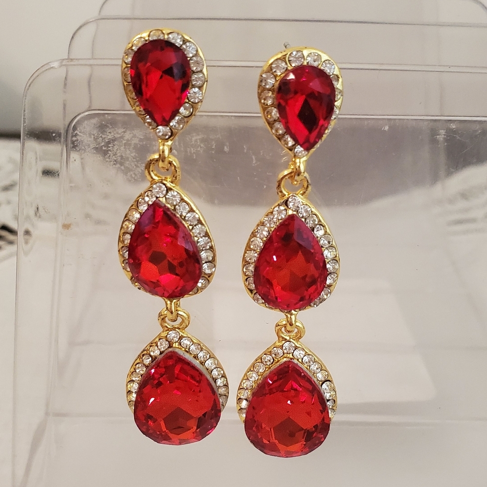 EleQueen Women's Gold-tone Crystal Teardrop Red Earrings